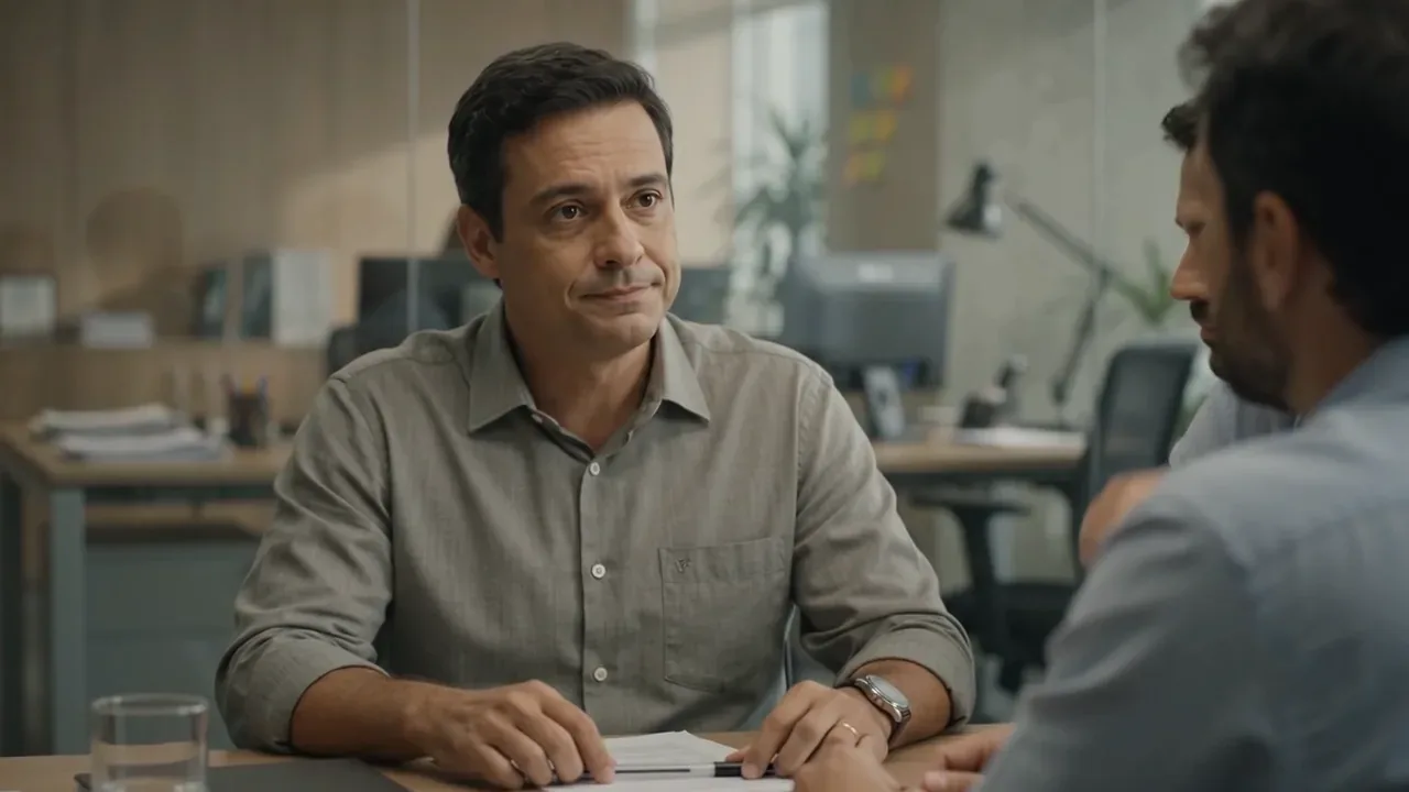 Dois profissionais conversando em uma reunião de trabalho